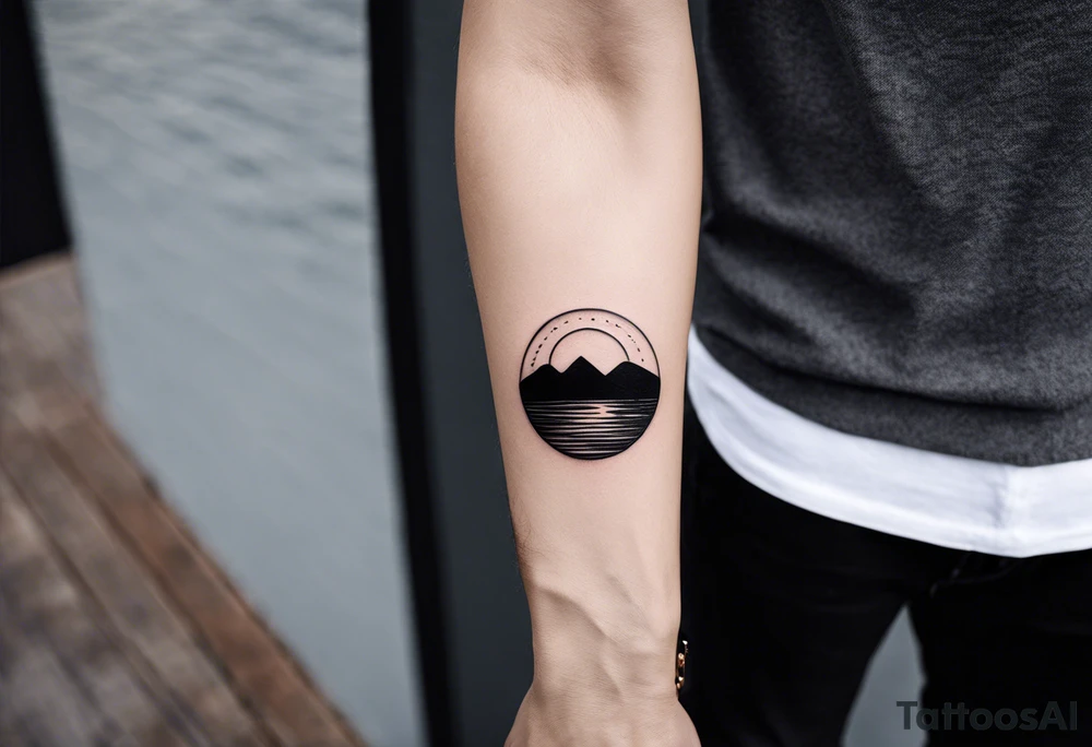 Minimalistic, small, black and white tattoo on male forearm. Tattoo style is line drawing. From the perspective of being on the ocean, the water is calm, with no waves in sight, the sun is setting behind the ocean, reflecting light onto the water. The tattoo in the shape of a rectangle, 4 inches wide by 2 inches tall. tattoo idea