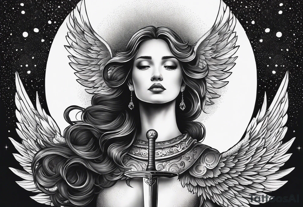 female angel with sword flying in the sky tattoo idea