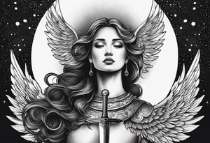 female angel with sword flying in the sky tattoo idea