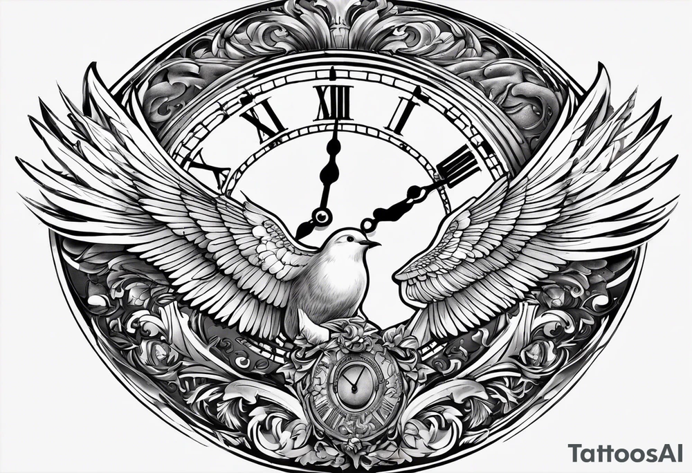 - The name "Walston" arched elegantly above or below the clock.
- The clock in the center with intricate details.
- Doves flying in from the sides, with their wings spread, creating a dynamic flow towards the clock. tattoo idea