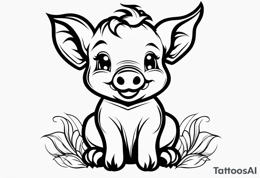 very cute happy piglet with small ears.
outline only.
black and white only.
only show the piglet. no extra lines or decoration.
no black shading.
draw only with very thin lines (1px)

should look like a tattoo that will only take 2 minutes to draw tattoo idea