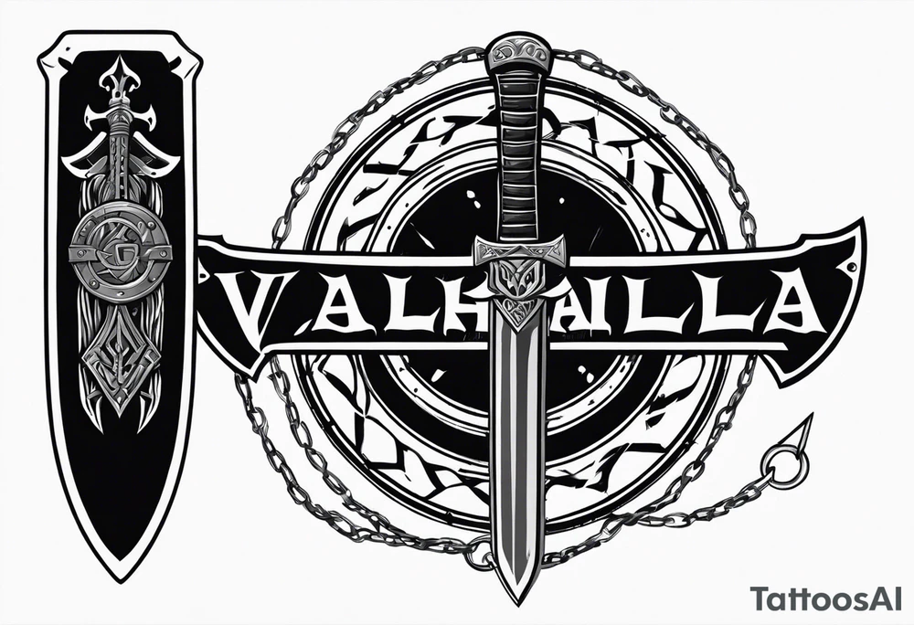Valhalla sword round shield axe barbed wire chains dark cloud tattoo idea