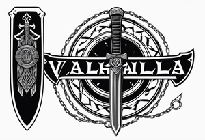 Valhalla sword round shield axe barbed wire chains dark cloud tattoo idea