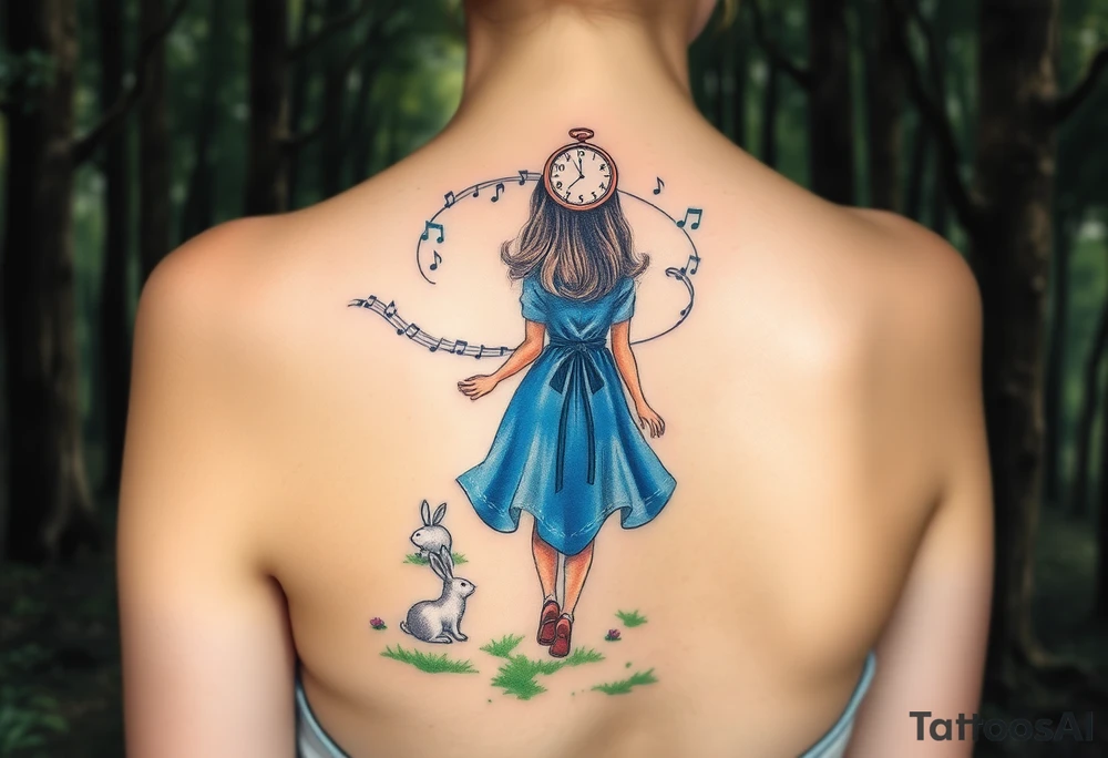 Back view of a girl in a blue dress walking in a forest following a small white rabbit. A swril with music notes. A pocket watch on top of the scene, falling amongst the trees tattoo idea