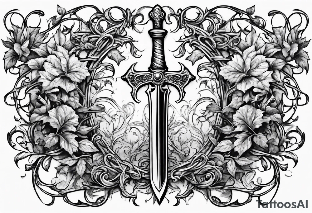 Leafy vines with sword tattoo idea