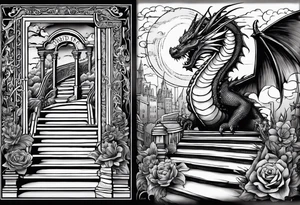 in vertical line, a dragon coming up on stairs and an angel at the top , with the words "One day at a time" and date 4.14.24 tattoo idea