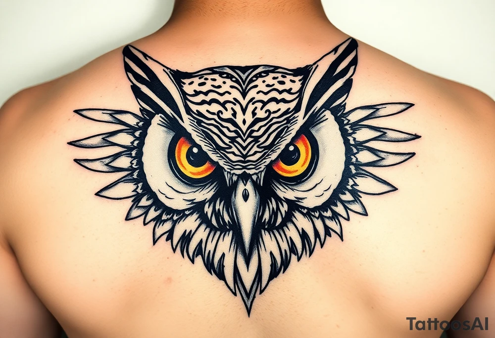 Abstract large colored tripping eye owl head tattoo idea