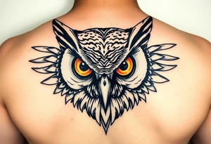 Abstract large colored tripping eye owl head tattoo idea