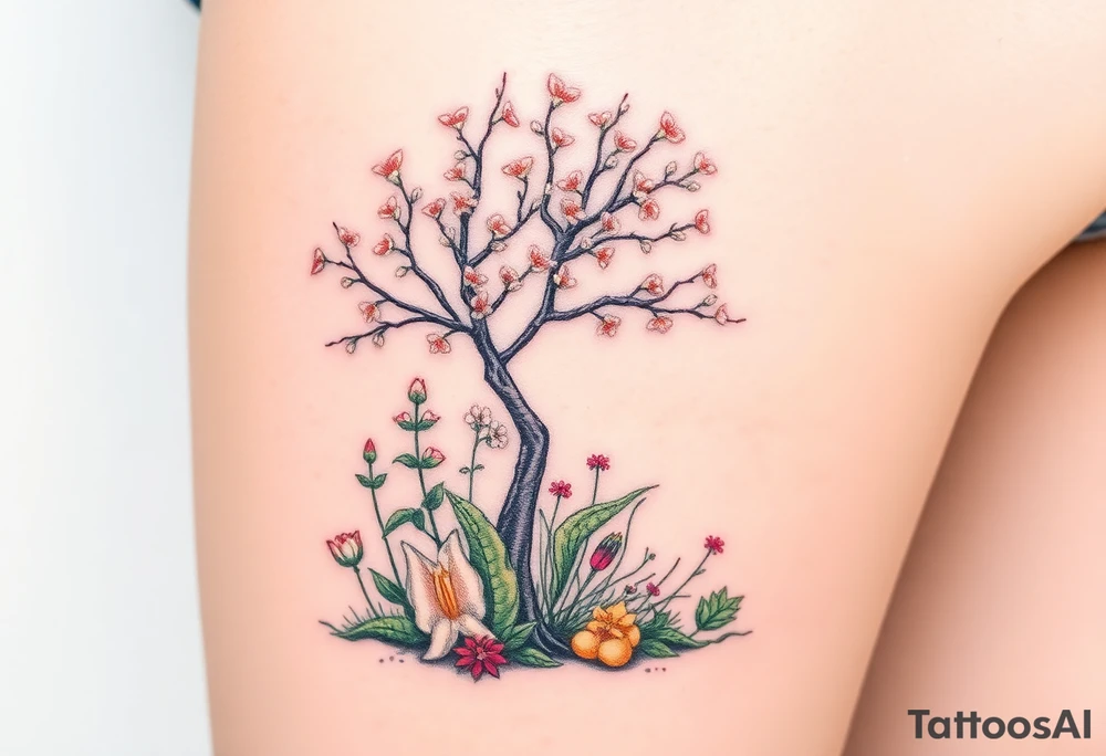 Lilly of the vally plants underneath a blooming hawthorn tree with other colorful plants on ground tattoo idea