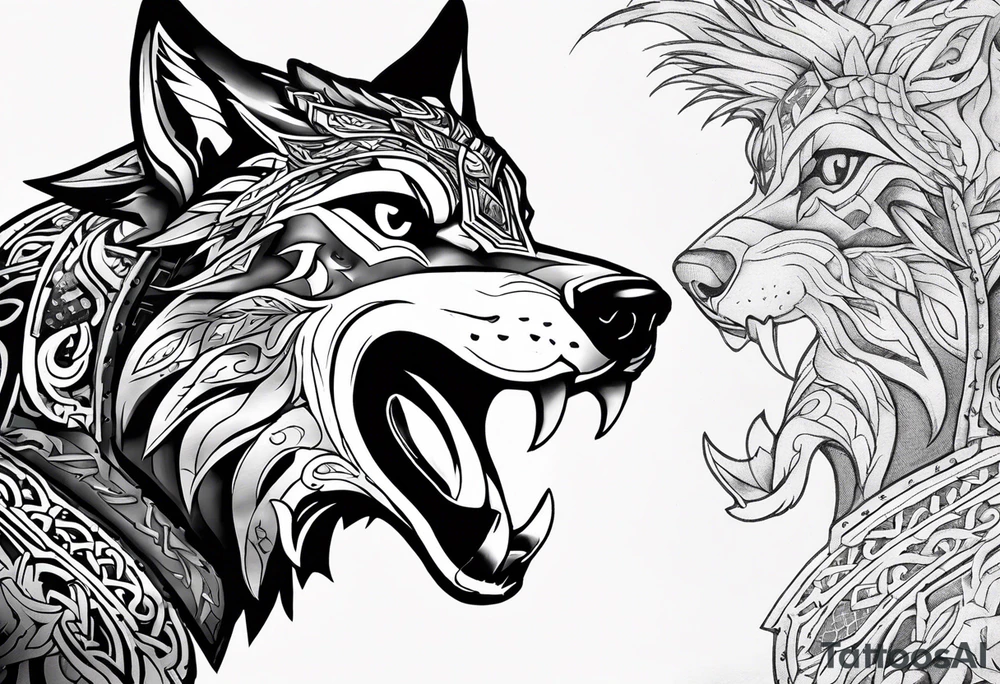 Legend of zelda link wolf head that is in profile with mouth open, this should be the bottom of the tatoo on a bicep , the top should transition in through his mane on top and it should be an ouroborus (dragon not snake) surrounding vegvisr tattoo idea