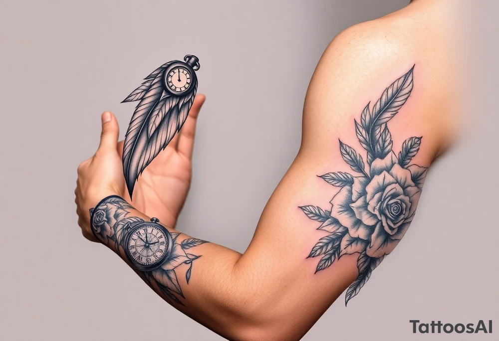 feathers with compass  a clock on elbows with roses tattoo idea