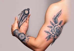 feathers with compass  a clock on elbows with roses tattoo idea