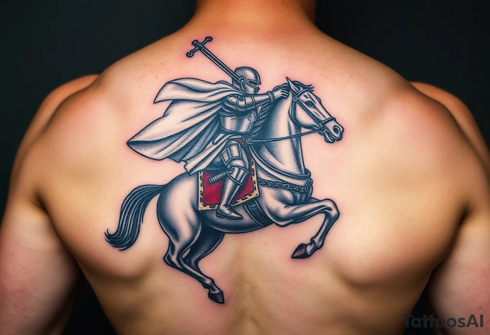 A mounted Templar knight charging into battle, his white cape billowing behind him, sword raised high, and his warhorse adorned with a red and white caparison tattoo idea