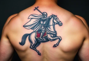 A mounted Templar knight charging into battle, his white cape billowing behind him, sword raised high, and his warhorse adorned with a red and white caparison tattoo idea