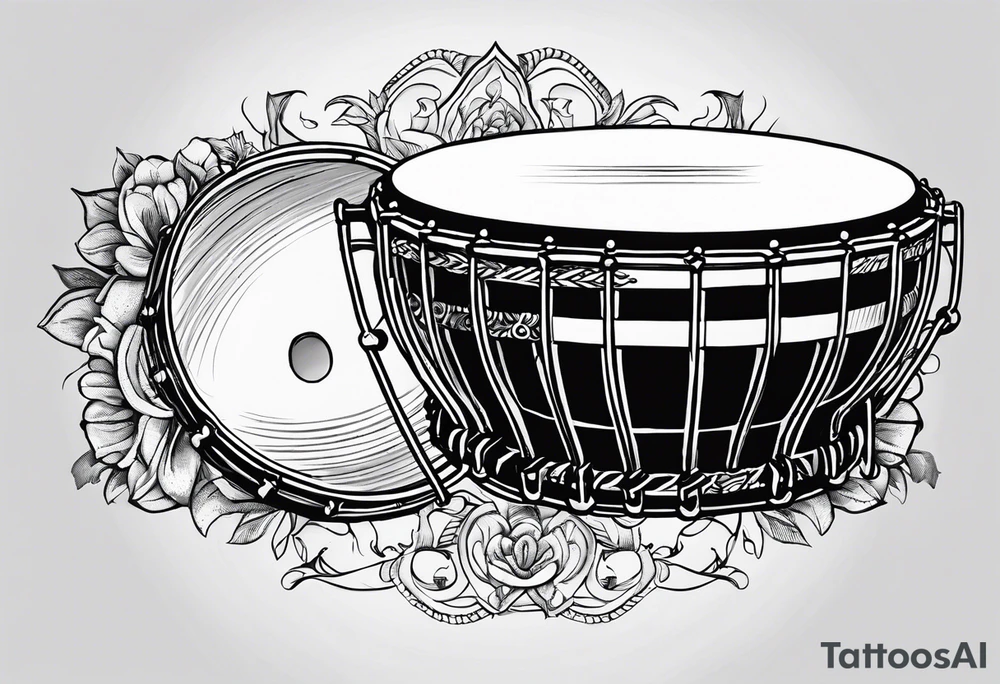 A pandeiro, a traditional Brazilian percussion instrument from pagode music, with the lyrics 'Se alguém perguntar por mim' integrated into the design tattoo idea