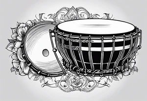 A pandeiro, a traditional Brazilian percussion instrument from pagode music, with the lyrics 'Se alguém perguntar por mim' integrated into the design tattoo idea