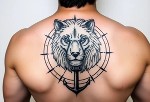 wolf bear lion surrounded by a compass with a small anchor on bottom. for sleeve tattoo idea