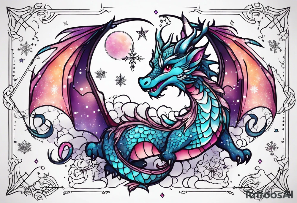 Constellation, kawaii dragon, snowflake tattoo idea