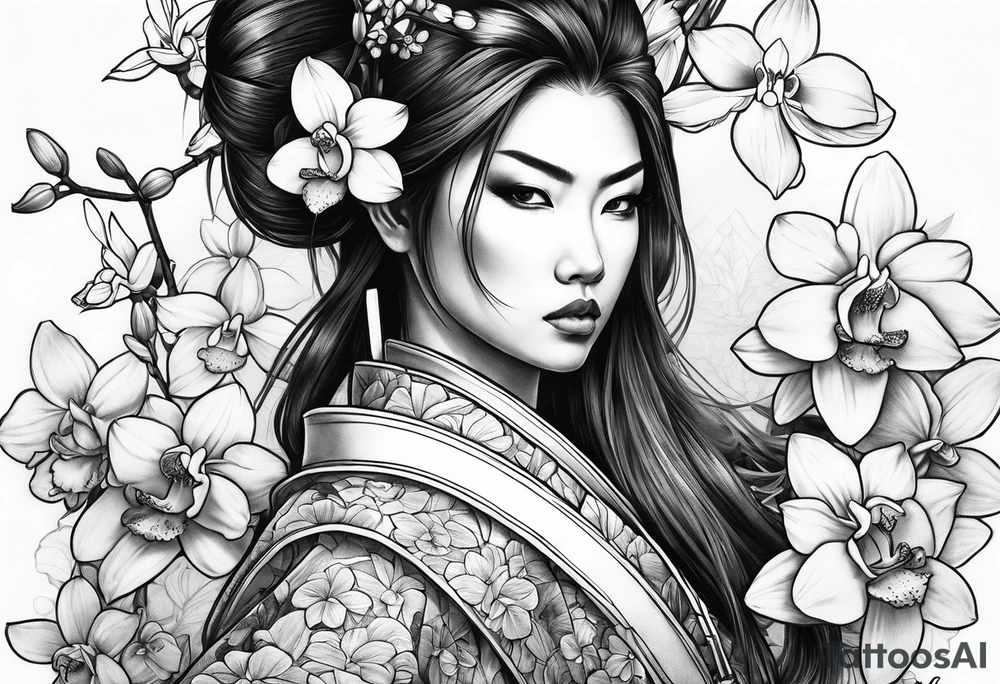 Female samurai with sword and orchids tattoo idea