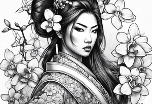 Female samurai with sword and orchids tattoo idea