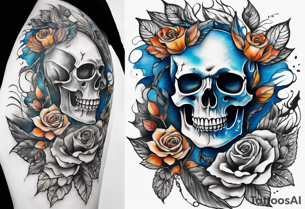 Front knee tattoo with fall colors, small flowers, rose, devil skull, leaves, blue water flows with washes and background Powell Peralta tattoo idea