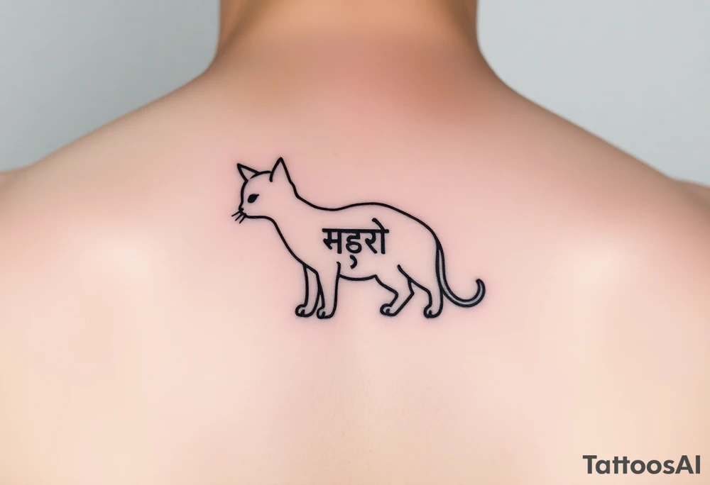 "Minimalist black tattoo of a quantum cat. Design elements:  
1. Outline made of binary code (alternating 0 and 1, crisp 1.5mm lines)  
2. Negative space inside body reveals hidden Sanskrit text ('अवलोकन न करें') when tilted  
3. Tail curves into a question mark  

Technical specs:  
- Pure black ink  
- Size: 8x5cm (forearm placement)  
- Style: geometric dotwork with optical illusion  

Philosophical hook: 'The cat only exists when unobserved'" tattoo idea