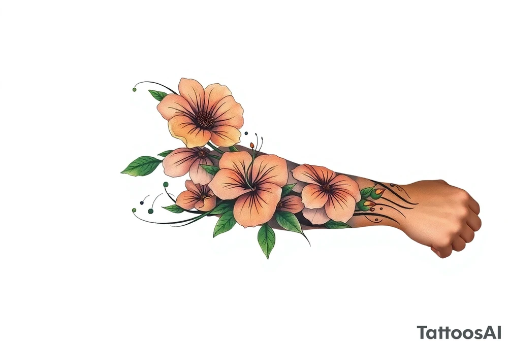 Fore arm tattoo in the neo american traditional style. I want to incorporate a few different flowers: Poppies, Morning Glory, Narcissus with green leaves in the background tattoo idea