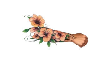 Fore arm tattoo in the neo american traditional style. I want to incorporate a few different flowers: Poppies, Morning Glory, Narcissus with green leaves in the background tattoo idea