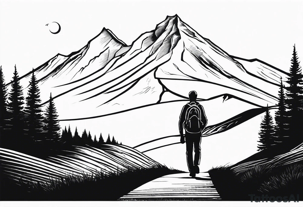 A man with a backpack walking down a road lined with trees, holding a bicycle towards a mountain. I want the design to be portrait and sort of a vanishing road towards the mountain. The mountain is Black Tusk in British Colombia tattoo idea