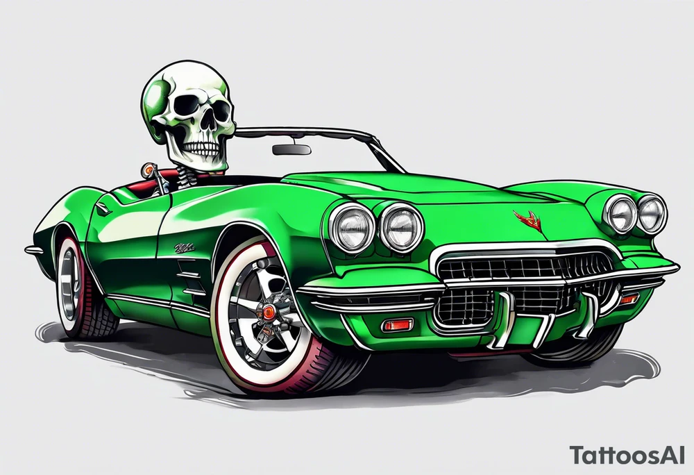 Skeleton smoking a cigarette driving a green 1976 convertible Corvette tattoo idea