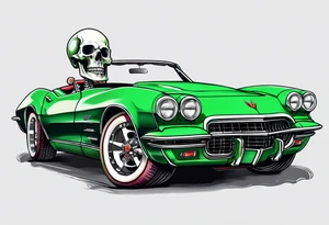 Skeleton smoking a cigarette driving a green 1976 convertible Corvette tattoo idea