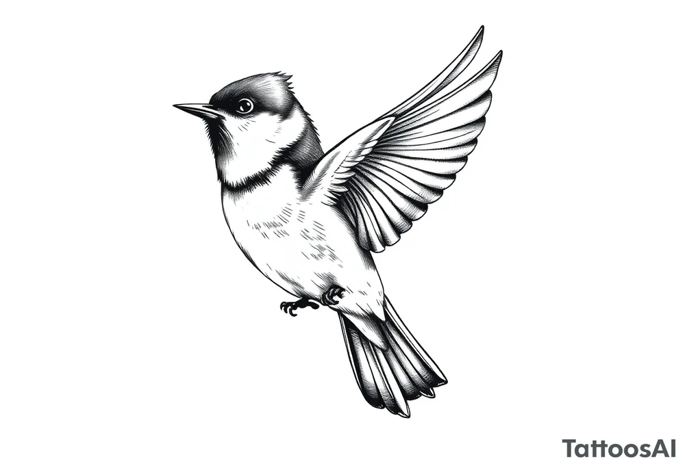 top profile of a tufted titmouse flying with its wings out and forward tattoo idea