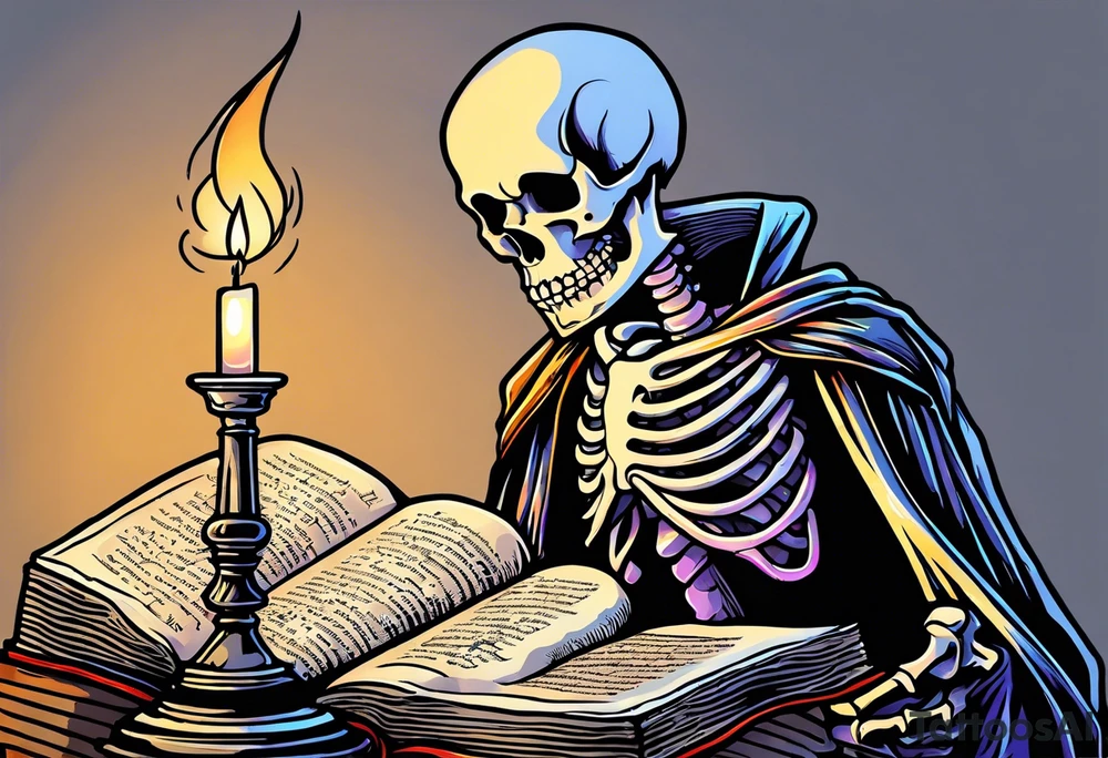 skeleton reading a holy bible by candle light tattoo idea