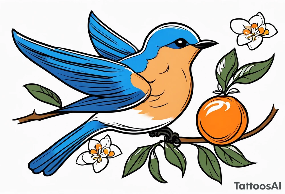 traditional bluebird in flight holding orange blossom branch tattoo idea