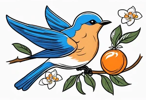 traditional bluebird in flight holding orange blossom branch tattoo idea