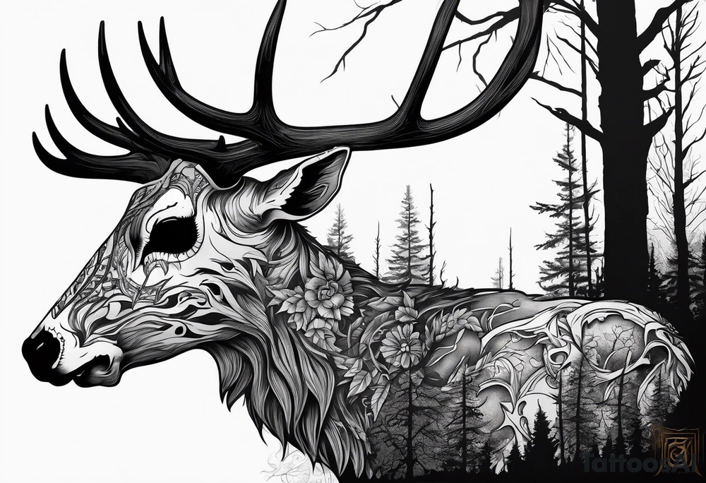 A frightening horror DECAYING deer skull JUST BONE side profile surrounded by a forest fire in background tattoo idea