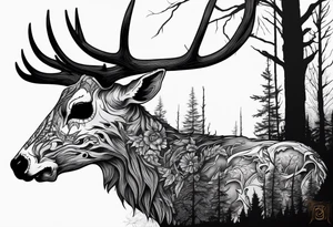 A frightening horror DECAYING deer skull JUST BONE side profile surrounded by a forest fire in background tattoo idea