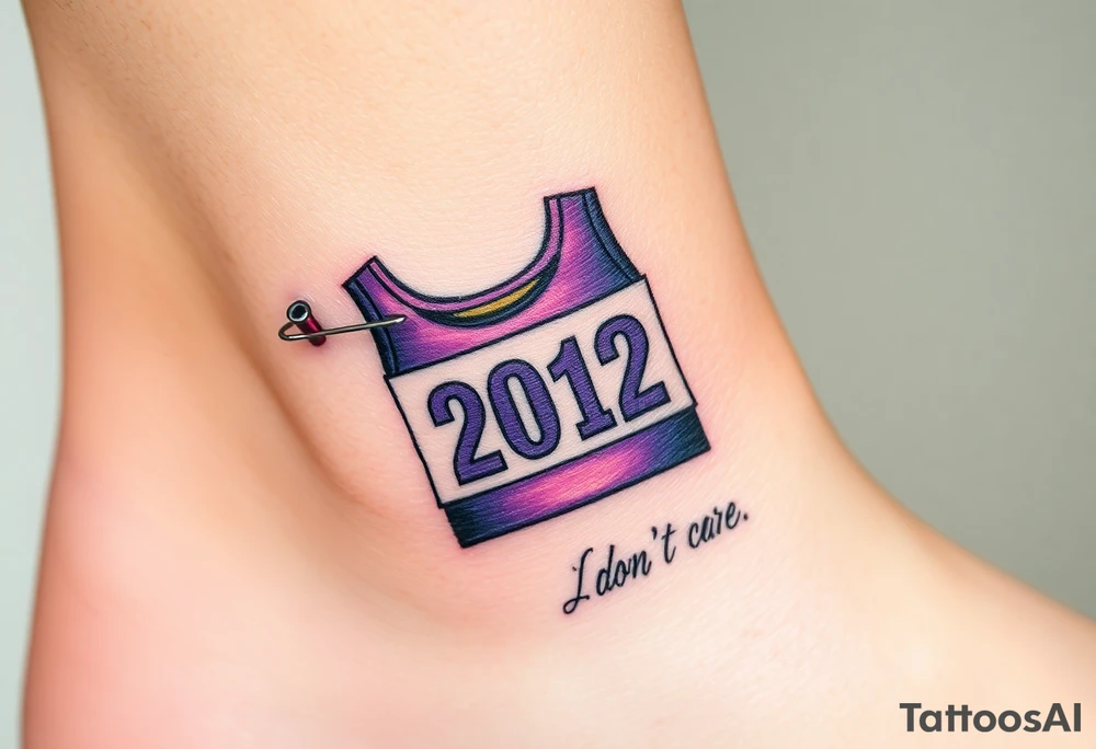 Safety pins through the skin attaching a running bib with 2012 and purple and gold accents with “I don’t care, I love it” around the outside tattoo idea