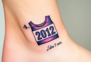Safety pins through the skin attaching a running bib with 2012 and purple and gold accents with “I don’t care, I love it” around the outside tattoo idea
