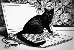 A black cat sitting in Front of a MacBook and Programming. tattoo idea