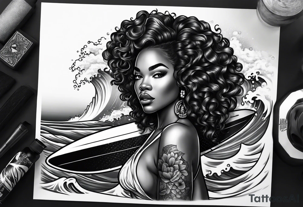 Black woman with natural hair surfing pinup tattoo idea
