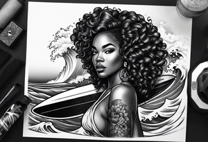 Black woman with natural hair surfing pinup tattoo idea