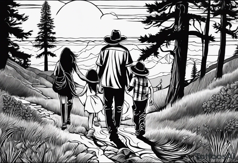 A shadow of a family of four walking through the Pacific northwest landscape. Father, Wife, Son, daughter.
 Faith centered and add Mexican tribal  border with importance of faith.
Add crosses and GOD tattoo idea