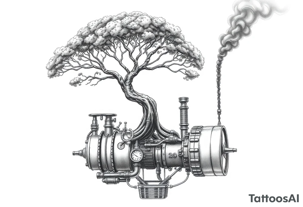 tree growing out of a v shaped engine with lots of pipes, guages and steam around the engine 
 with a smoke stack coming out of the top 
 billowing black smoke as if the tree and engine were a flying machine flying through the air 
 with an extreme steam punk vibe alot more steam punk 
it should look somewhat like a hot air baloon where the tree is the balloon and the machine is the basket but they are together as one unit, and the sky should have clouds in the back ground as if it were chugging along flying through the sky and needs to look extremely steam punk
the smoke stack should be coming out of the tree and the smoke should be trailing behind the machine tattoo idea