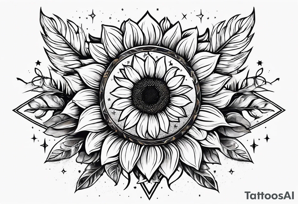 elegant tattoo with sunflower surrounded by cosmic stars and arrow tattoo idea