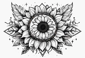 elegant tattoo with sunflower surrounded by cosmic stars and arrow tattoo idea