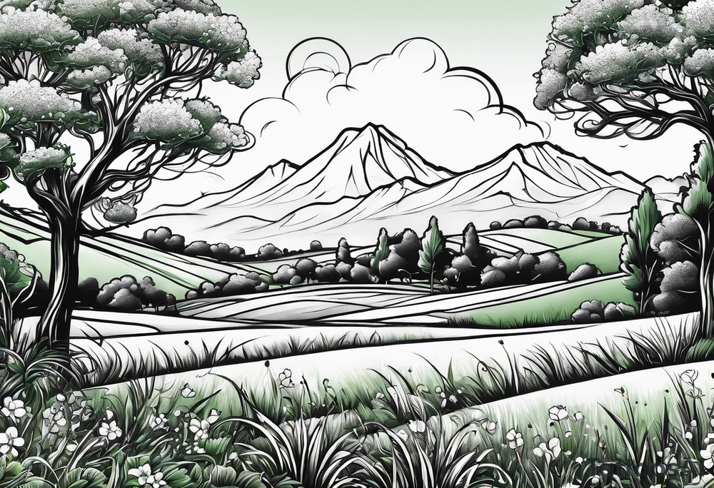Green lawn with sprinklers running tattoo idea