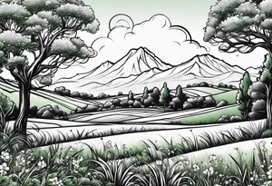 Green lawn with sprinklers running tattoo idea