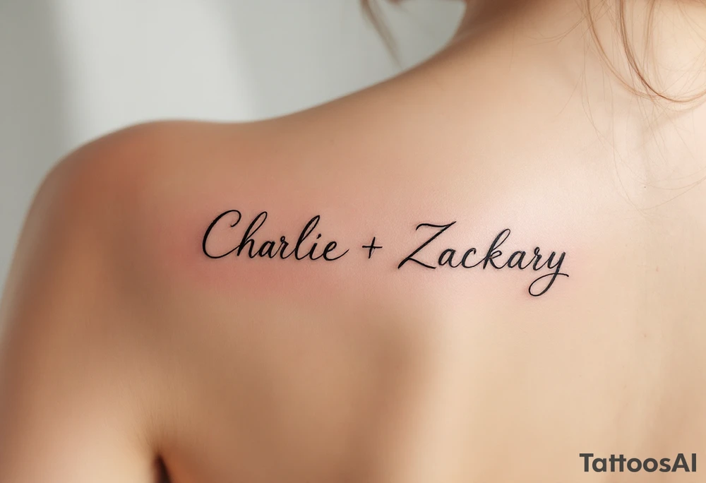 Create a delicate tattoo design that seamlessly integrates the names "Charlie" and "Zackary" in graceful, flowing cursive. Enclose the names within a softly stylized symbol that embodies strength and unity tattoo idea