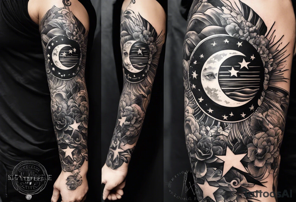 Collage for full left arm sleeve with:
a sun with a quarter moon, 
2 stars,
bass guitar, 
caduceus symbol tattoo idea